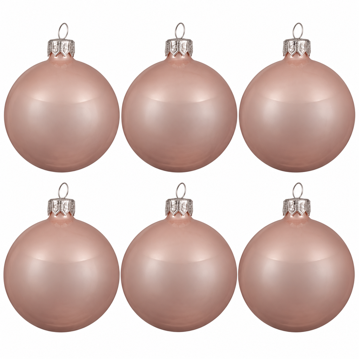 Set of six blush pink enamel mouthblown glass Christmas baubles with silver caps, perfect for festive tree decorations.