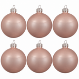 Set of six blush pink enamel mouthblown glass Christmas baubles with silver caps, perfect for festive tree decorations.
