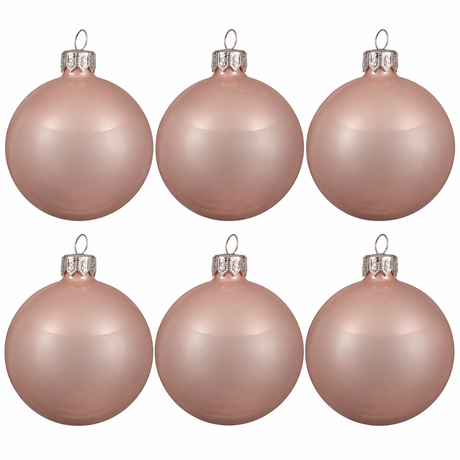 Set of six blush pink enamel mouthblown glass Christmas baubles with silver caps, perfect for festive tree decorations.