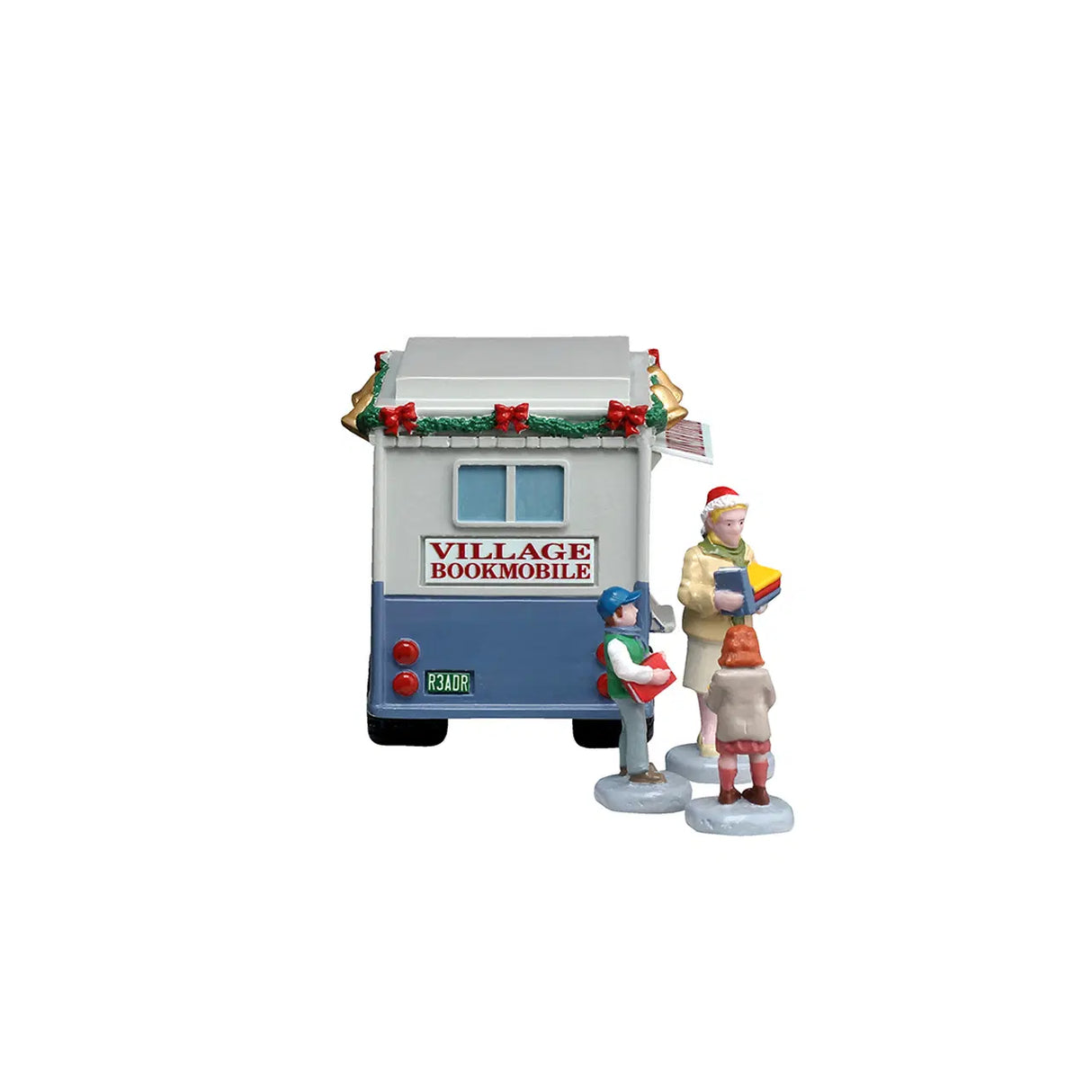 Lemax Bookmobile table accent set of 4 Christmas village accessories featuring detailed miniature bookmobile figures.