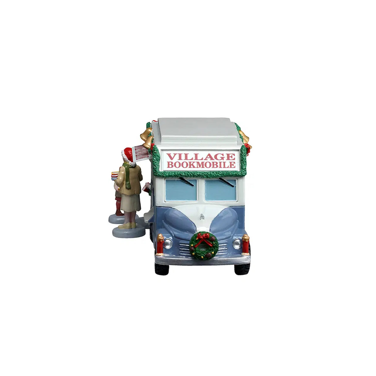 Lemax Christmas Village Bookmobile table accent set with four detailed miniature bookmobiles for holiday display.