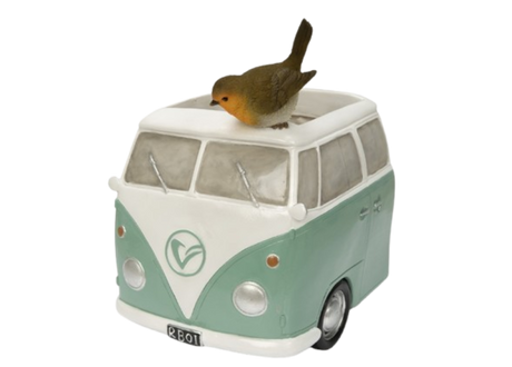 Green camper van-shaped planter featuring a robin ornament, part of Vivid Arts' animal ornaments collection.