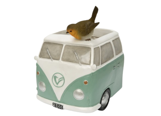 Green camper van-shaped planter featuring a robin ornament, part of Vivid Arts' animal ornaments collection.