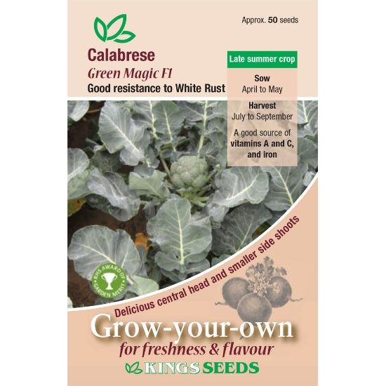 Calabrese Green Magic F1 broccoli seed packet by Kings Seeds, displayed with RHS award badge, on a white background.
