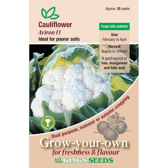 Cauliflower Aviron F1 seeds by Kings Seeds, displayed as fresh seeds in a clear packet, suitable for planting in vegetable gardens.