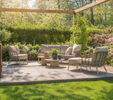 4 Seasons Outdoor Puglia Lounge LUX Set in Latte featuring a 3-seater sofa, chairs, footstool, and tables.