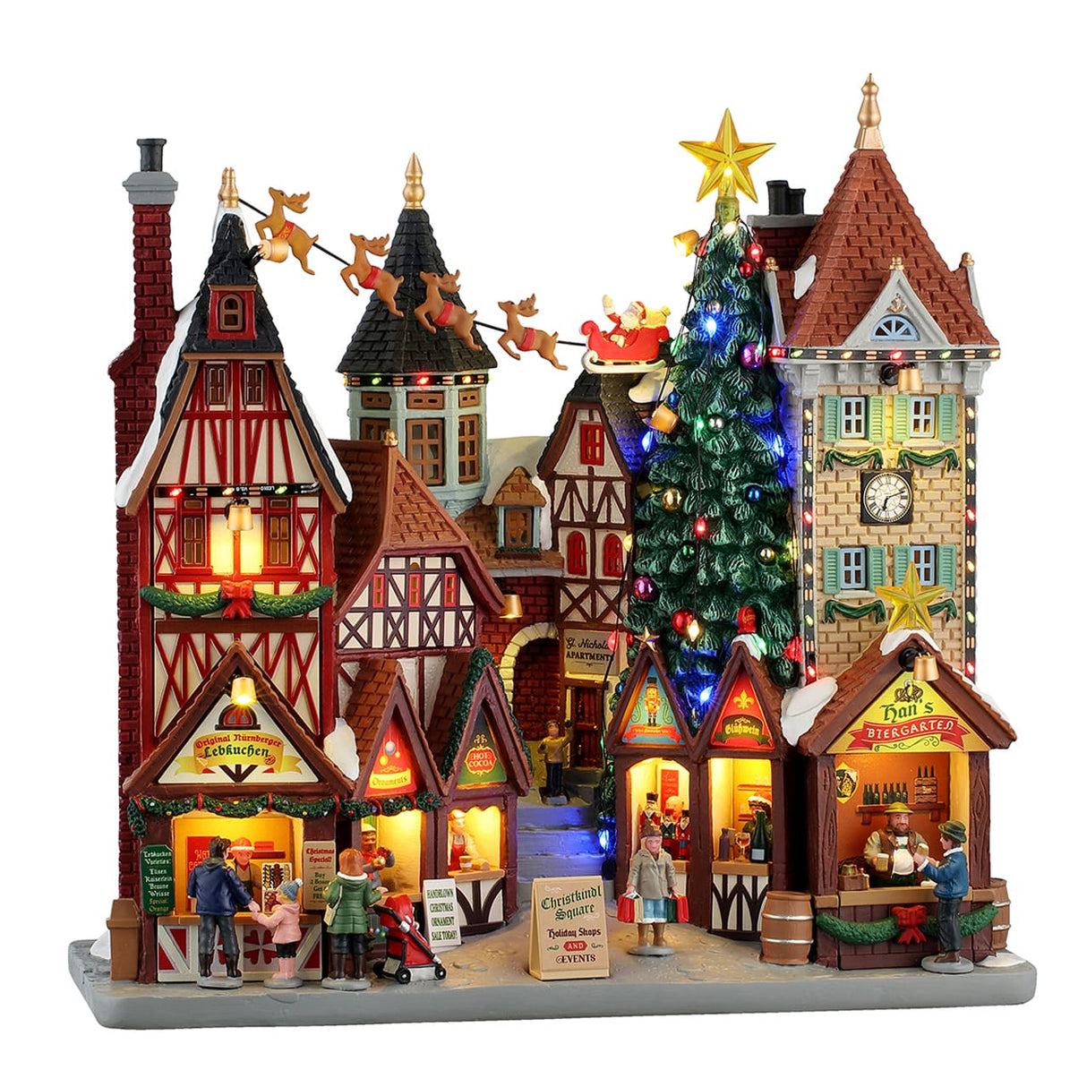Lemax Christkindl Square illuminated facade with festive holiday scene, battery-operated 4.5V Christmas village decoration