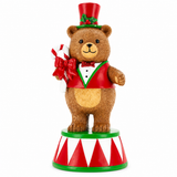 Christmas Circus Bear Resin Decoration (21 cm) – Whimsical Bear in Top Hat & Waistcoat with Candy Cane on Circus Drum Base