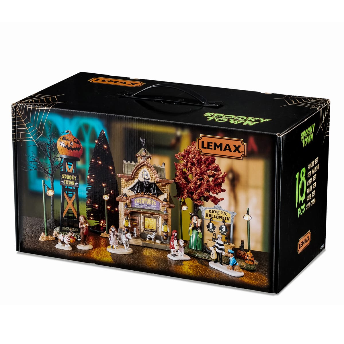 Lemax Spooky Town Creatures of the Night Pet Shop Set with illuminated buildings, featuring spooky pet shop displays and detailed figures.