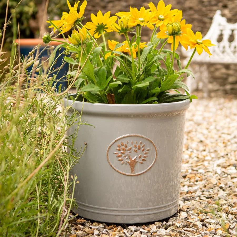 Grey Creekwood 30cm Cotswold Cylinder Planter for indoor and outdoor gardens, stylish garden plant pot with a modern design.