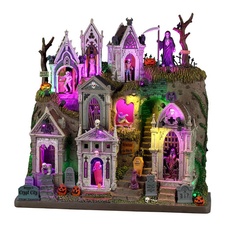 Lemax Spooky Town Crypt City illuminated building with haunted crypt and spooky details, part of the Lemax B/O collection.