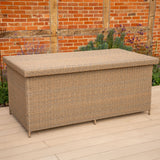 Kettler Derwent cushion box made of woven furniture material, used for outdoor storage of cushions and accessories.
