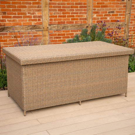 Kettler Derwent Cushion Box made of woven furniture material, designed for outdoor patio storage of cushions and accessories.