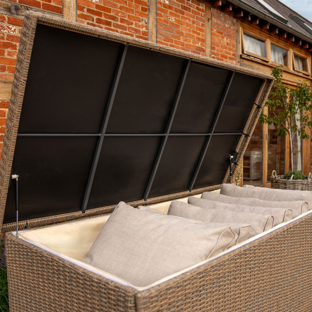 Kettler Derwent cushion box made of woven furniture material, designed for outdoor storage and seating.
