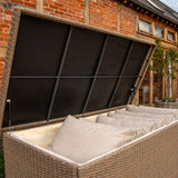 Kettler Derwent cushion box made of woven furniture material, designed for outdoor storage and seating.