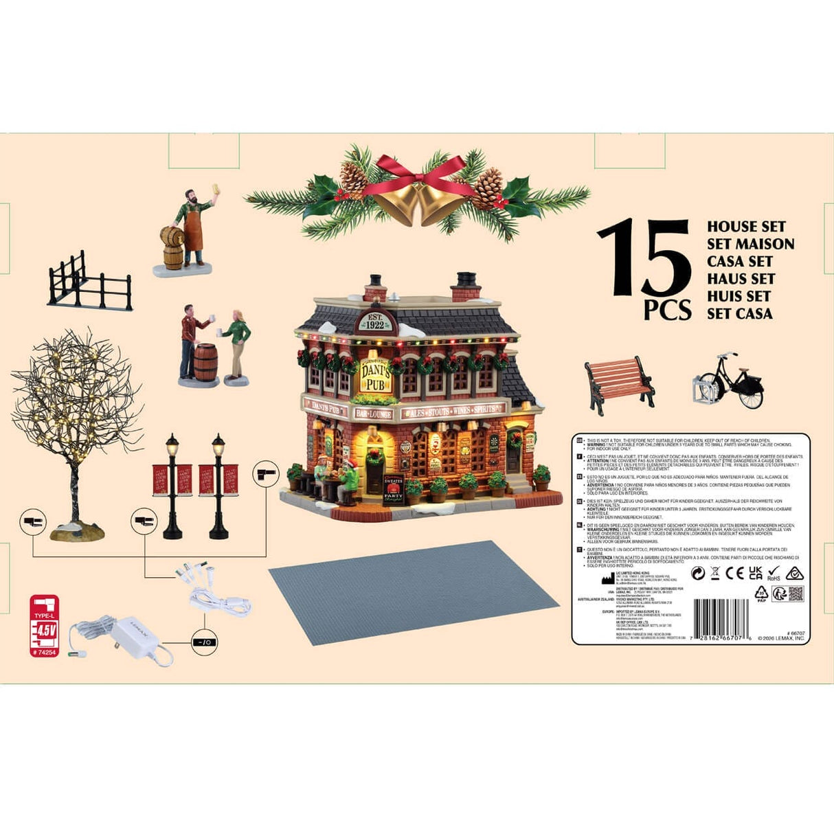 Lemax Dani's Pub Set from Christmas Village collection, detailed miniature house with festive holiday decorations and cozy pub scene