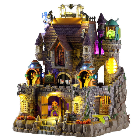 Lemax Spooky Town Dr. Dreadmoors Castle with lights and sounds, detailed Halloween-themed miniature building with 4.5V adaptor.