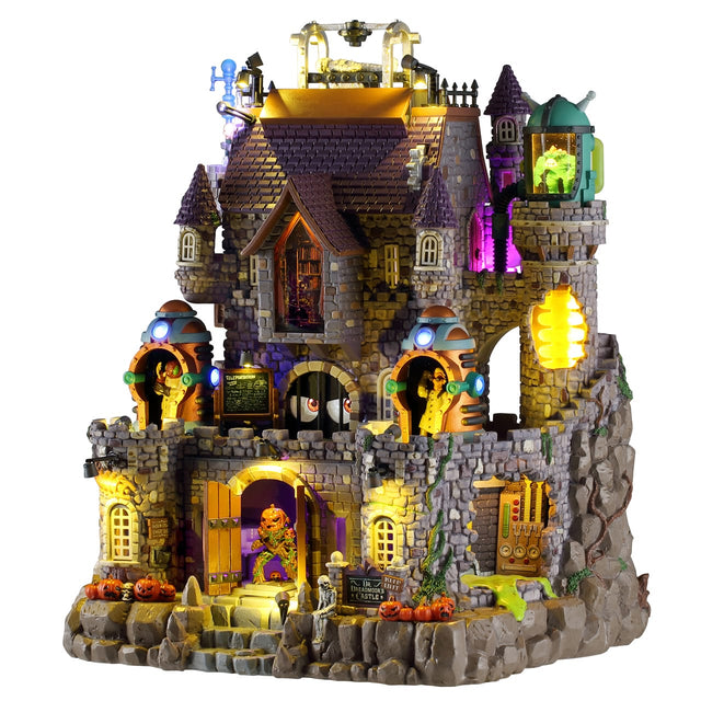 Lemax Spooky Town Dr. Dreadmoors Castle with lights and sounds, detailed Halloween-themed miniature building with 4.5V adaptor.