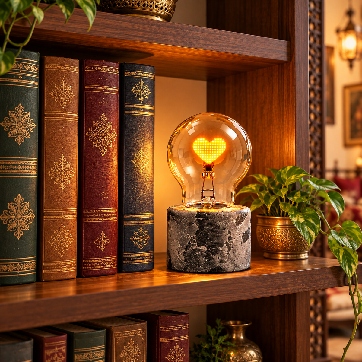 Edelman Luca Lighting LED Heart-Shaped Table Lamp (14 cm) – Smoked Glass & Stone-Look Base | USB Rechargeable Cordless Mood Light with Timer | Brown & Red