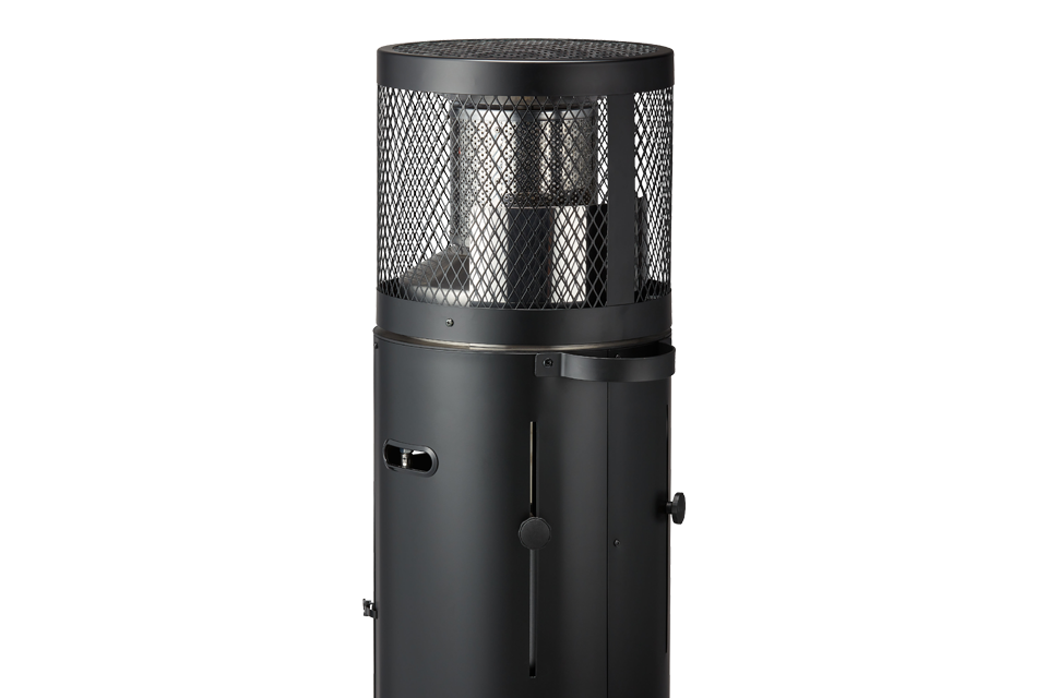 Enders POLO® Black 2.0 patio heater with metal body and reflector, compact outdoor gas heater for patio heating.