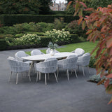 4 Seasons Outdoor Eva 6-seat metal dining set with Manolo 180cm ceramic barrel dining table, outdoor furniture for patio dining