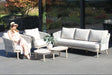 4 Seasons Outdoor Eva lounge set with two Monroe coffee tables in latte finish, featuring metal construction and comfortable seating.