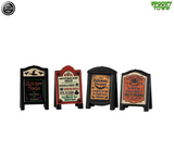 Set of four evil-themed Lemax Spooky Town accessories featuring spooky signs with creepy designs.