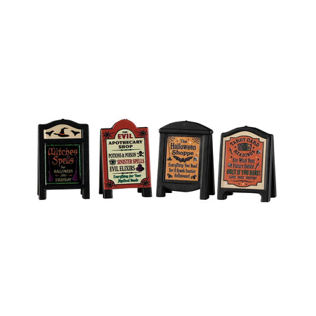 Set of four Lemax Spooky Town Evil Signs accessory with spooky, eerie lettering and designs for Halloween decorations.