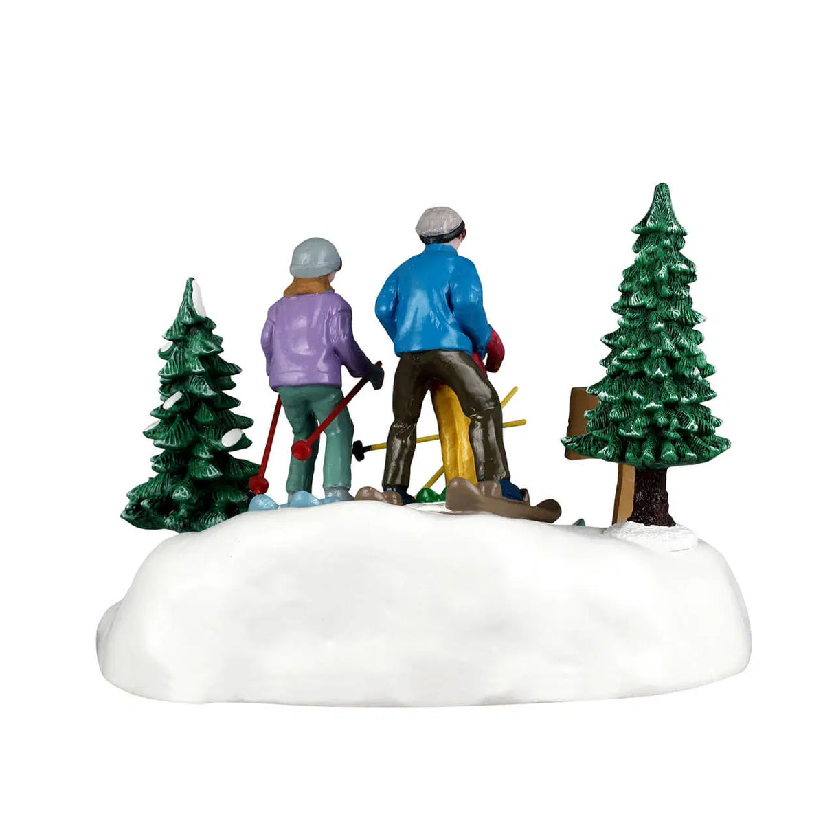 Lemax Family Ski Day Christmas table accent featuring a family skiing scene with snow-covered trees and festive holiday details.