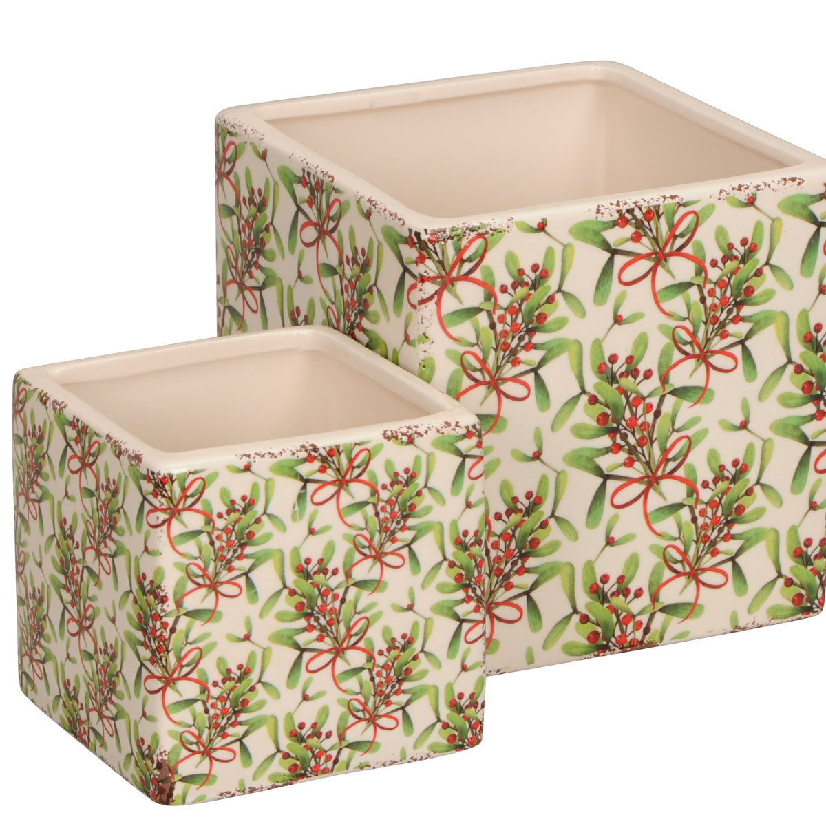 10cm Medium Red and Green Ceramic Mistletoe Square Flower Pot | Mill ...