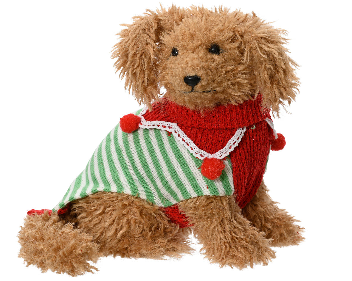 Fluffy Brown Dog Decoration in Green and Red Christmas Sweater by Kaemingk