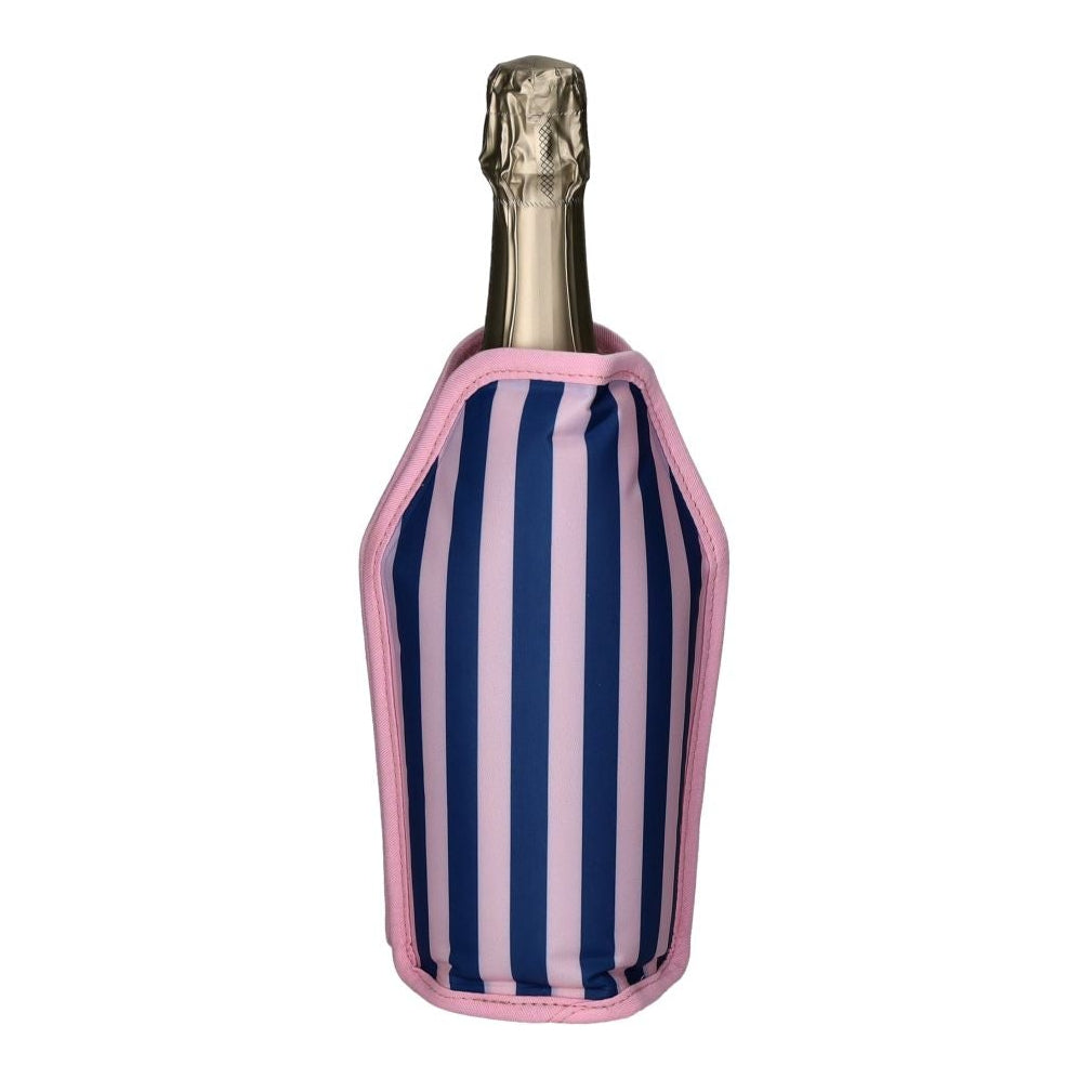 Blue and pink striped Froid Cooling Sleeve by GiftCompany, a stylish wine bottle cooler for keeping drinks cold.