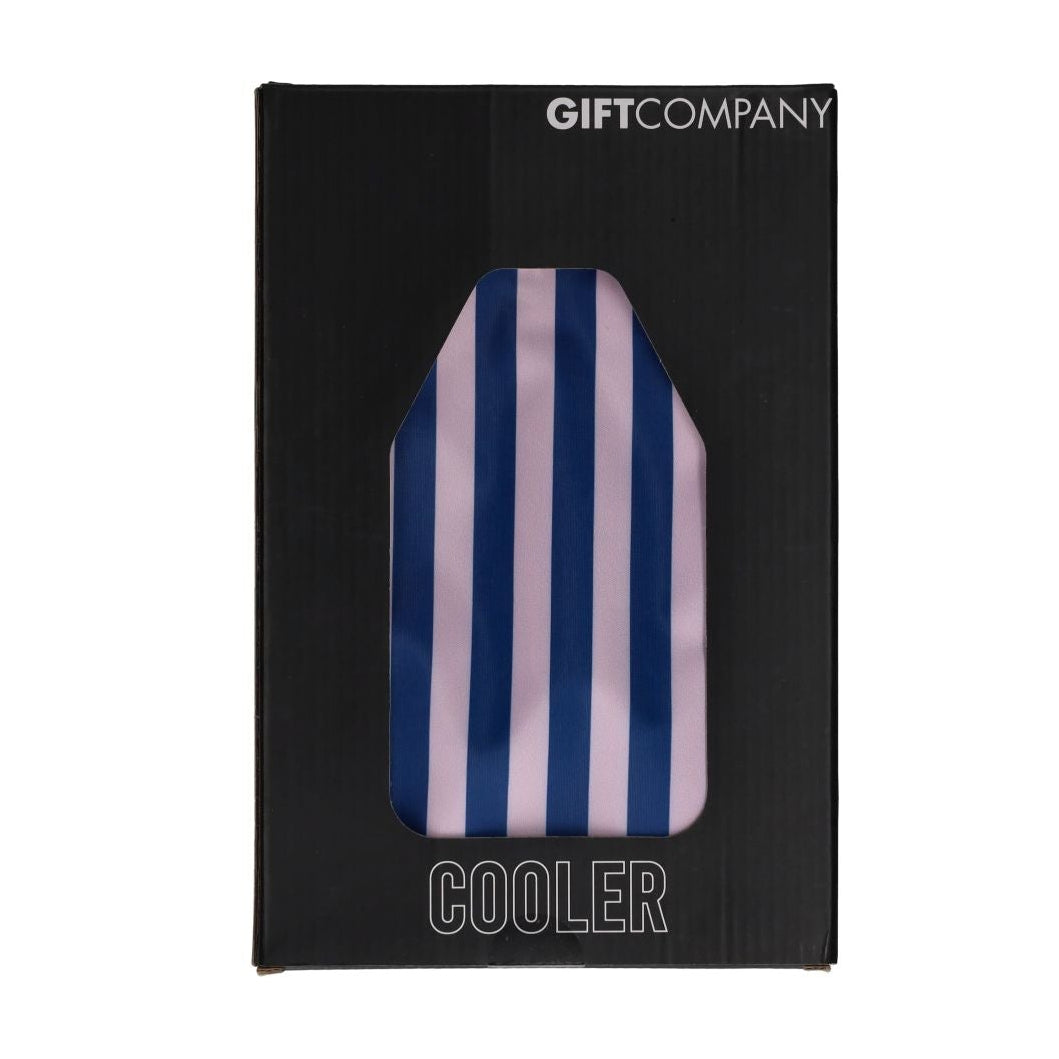 Blue and pink striped Gift Company Froid Cooling Sleeve for wine bottles, stylish bottle cooler for keeping drinks cold.