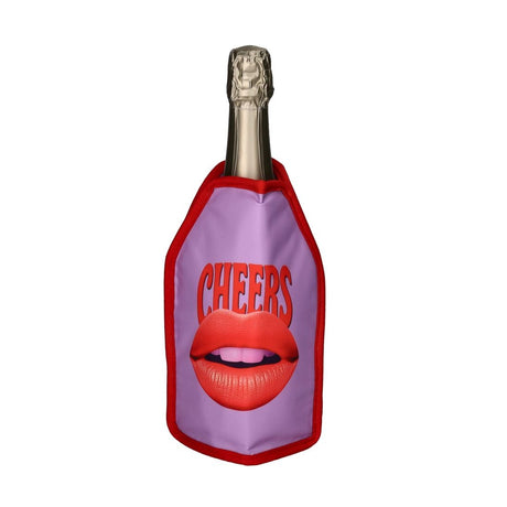 Purple gift wine bottle cooler sleeve with "Cheers" lips design from Gift Company Froid Cooling Sleeve collection.