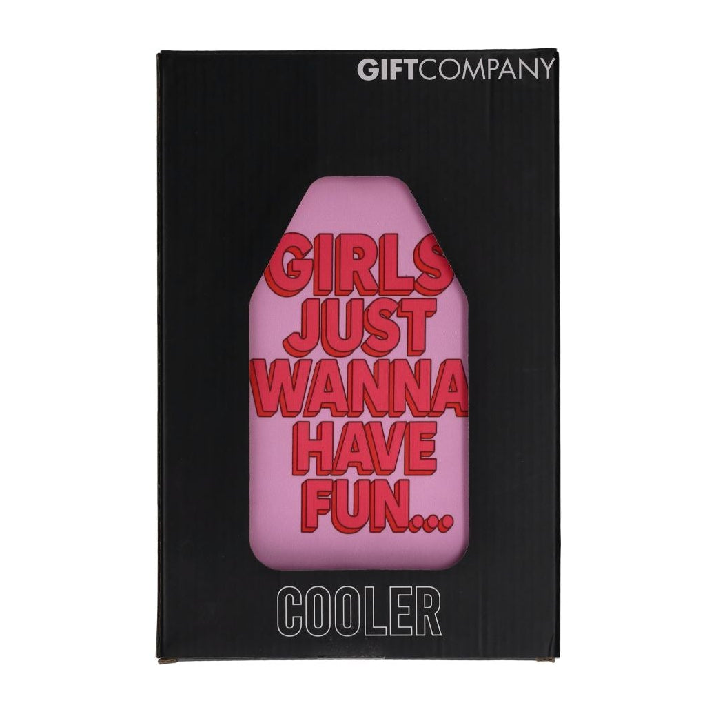 Pink and purple double-sided Froid Cooling Sleeve by GiftCompany, featuring slogan design, fits wine bottles for cooling and gifting.
