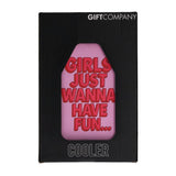 Pink and purple double-sided Froid Cooling Sleeve by GiftCompany, featuring slogan design, fits wine bottles for cooling and gifting.
