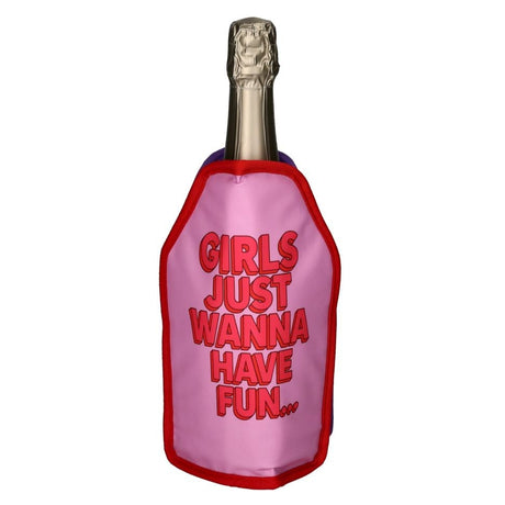 GiftCompany Froid Cooling Sleeve with double-sided slogan design, pink and purple wine bottle cooler for keeping drinks chilled.