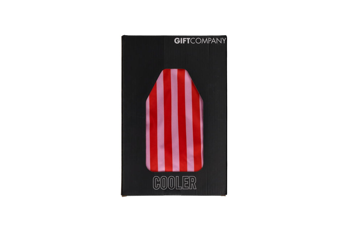 Red and pink striped GiftCompany Froid cooling sleeve for wine bottles, made of fabric to keep drinks cool and stylish.