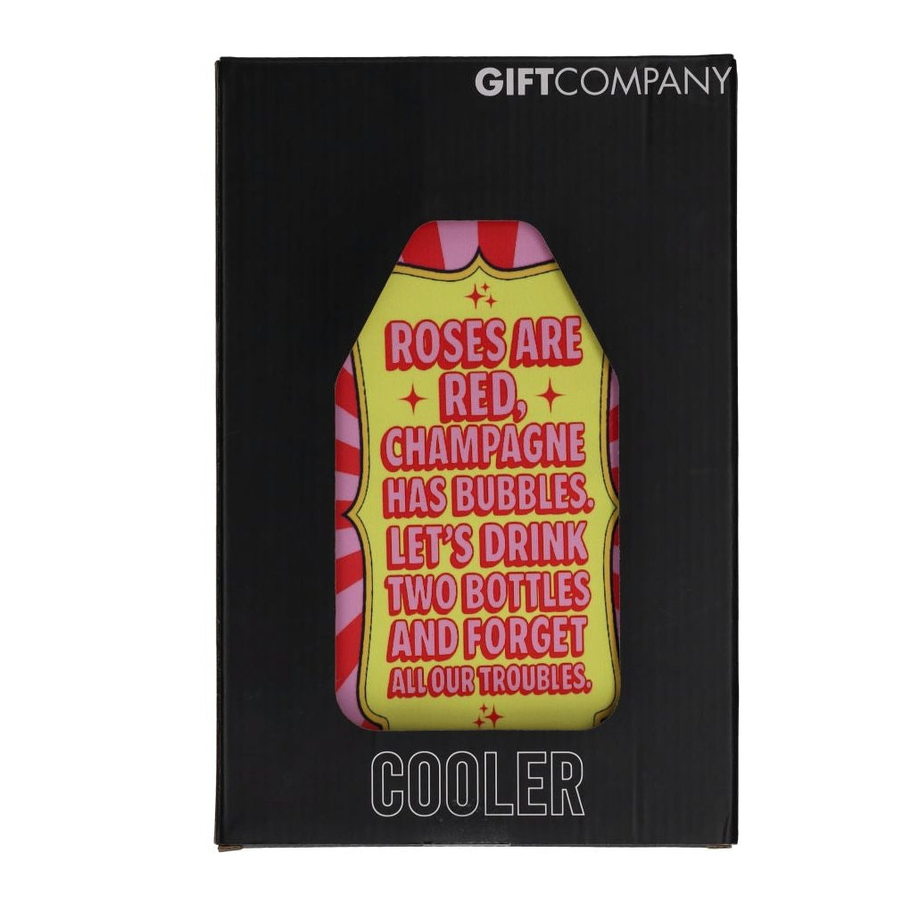 GiftCompany Froid Cooling Sleeve with "Roses Are Red" design for wine bottles, made of fabric to keep drinks cool.