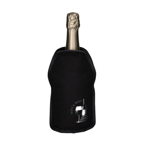 Gift Company Froid Cooling Sleeve with Wine & Dine design, keeps wine bottle cool, made of insulated material, ideal for wine bottles.