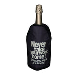 GiftCompany Froid Cooling Sleeve with winery slogan design for wine bottles, keeps drinks cold and adds a stylish touch.