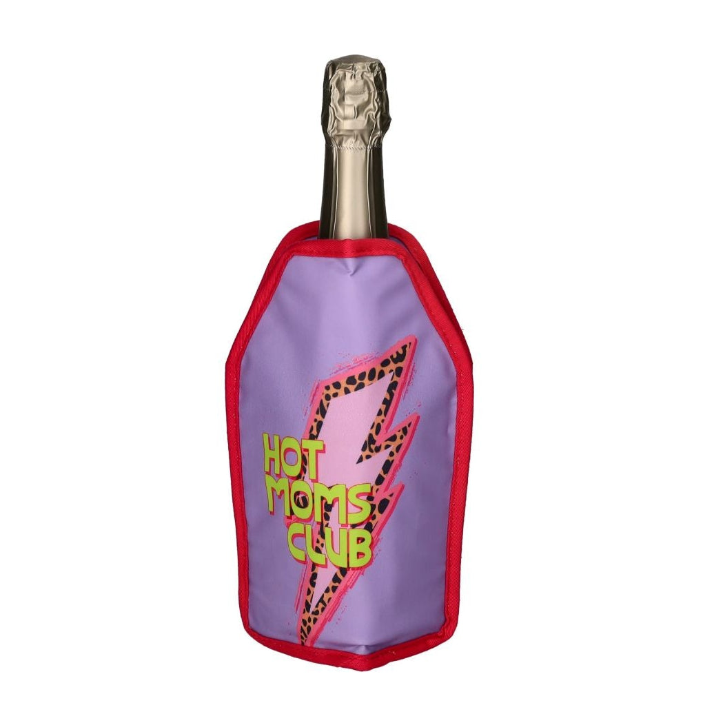 Purple Froid Cooling Sleeve with Hot Moms Club design for wine bottles, by GiftCompany, perfect for keeping drinks cool.