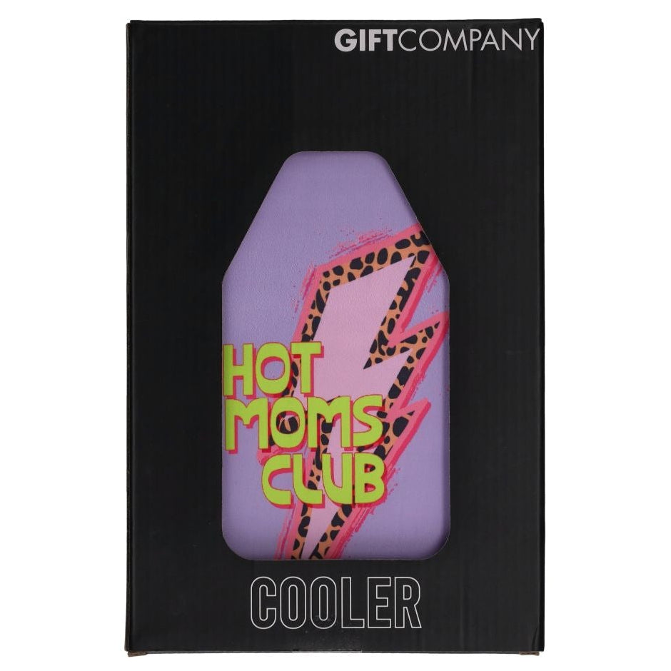 Gift Company Froid Cooling Sleeve with Hot Moms Club design on purple wine bottle cooler, perfect for keeping drinks cold.