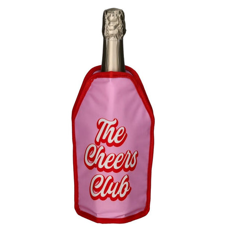 Pink Gift Company Froid Cooling Sleeve with "The Cheers Club" design, ideal for wine bottles and keeping drinks cold.