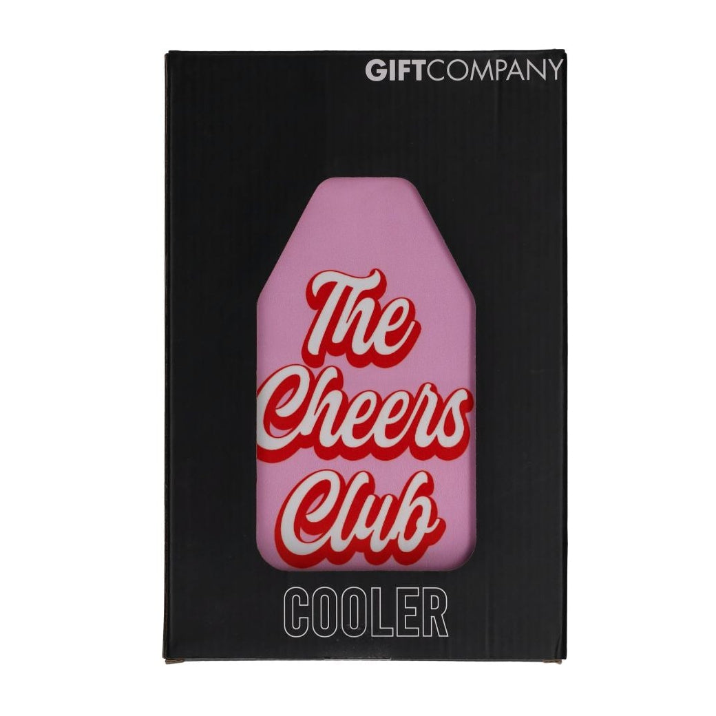 Pink GiftCompany Froid Cooling Sleeve with "The Cheers Club" design for wine bottles, keeps drinks chilled in style.