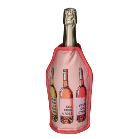 Pink Gift Company Froid cooling sleeve with a trio of wine bottle designs, perfect for keeping wine cool and stylish.