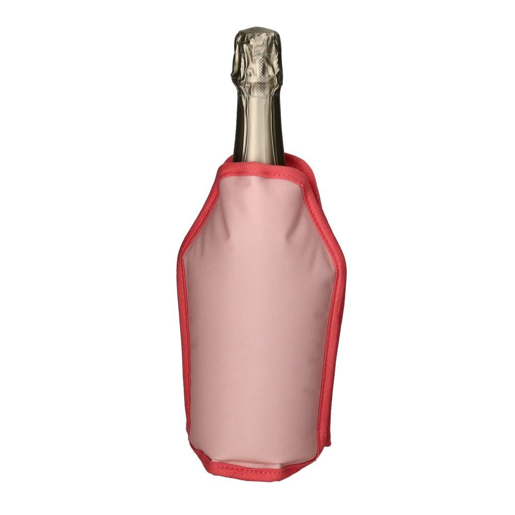 Pink wine bottle cooler sleeve with a trio of wine bottle illustrations, designed by Gift Company for cooling and decorative use.