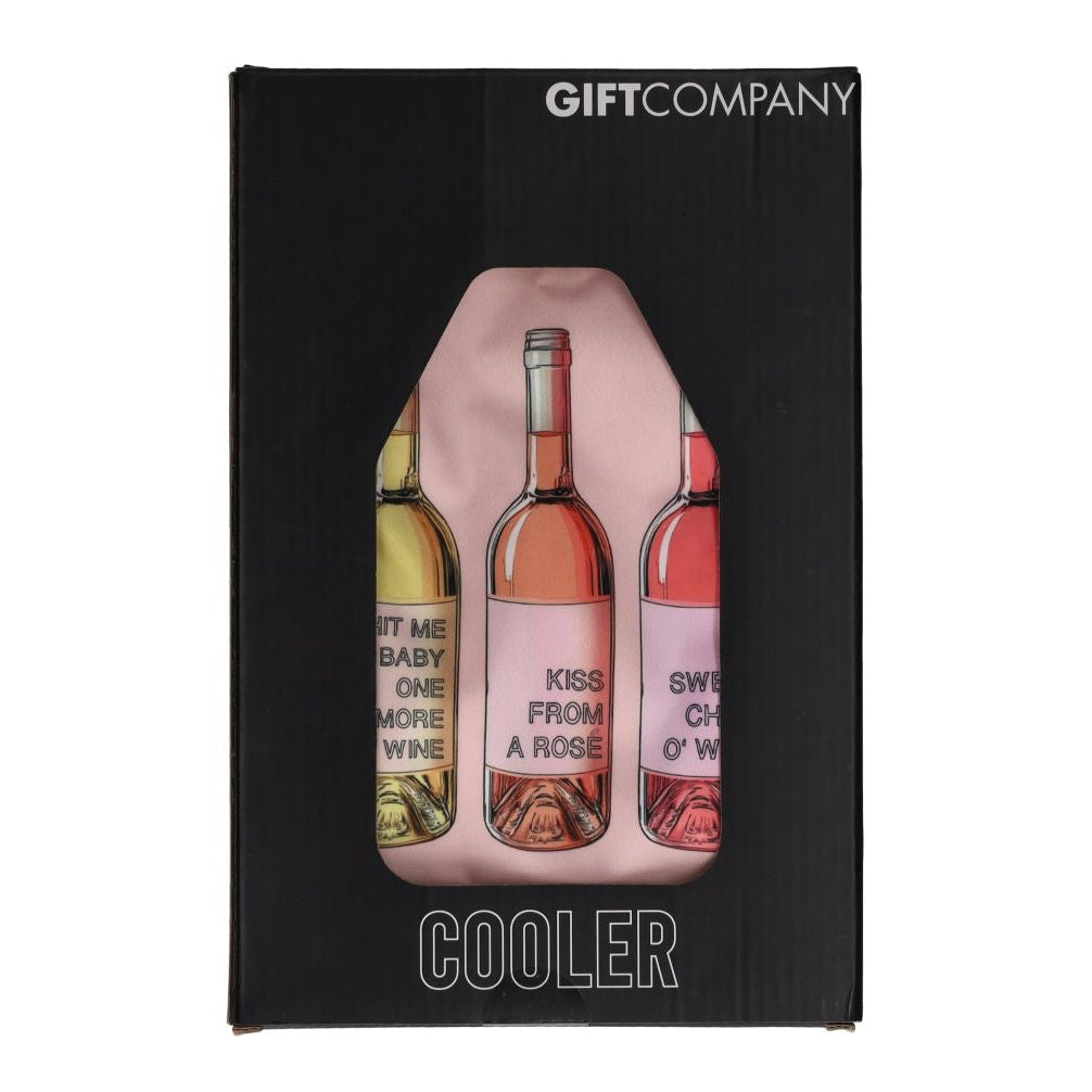 Pink wine bottle cooler sleeve with a trio of cooling sleeves featuring wine bottle motifs by Gift Company.
