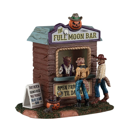 Lemax Spooky Town full moon bar table accent featuring a spooky, illuminated scene with a bar and moon in the background.