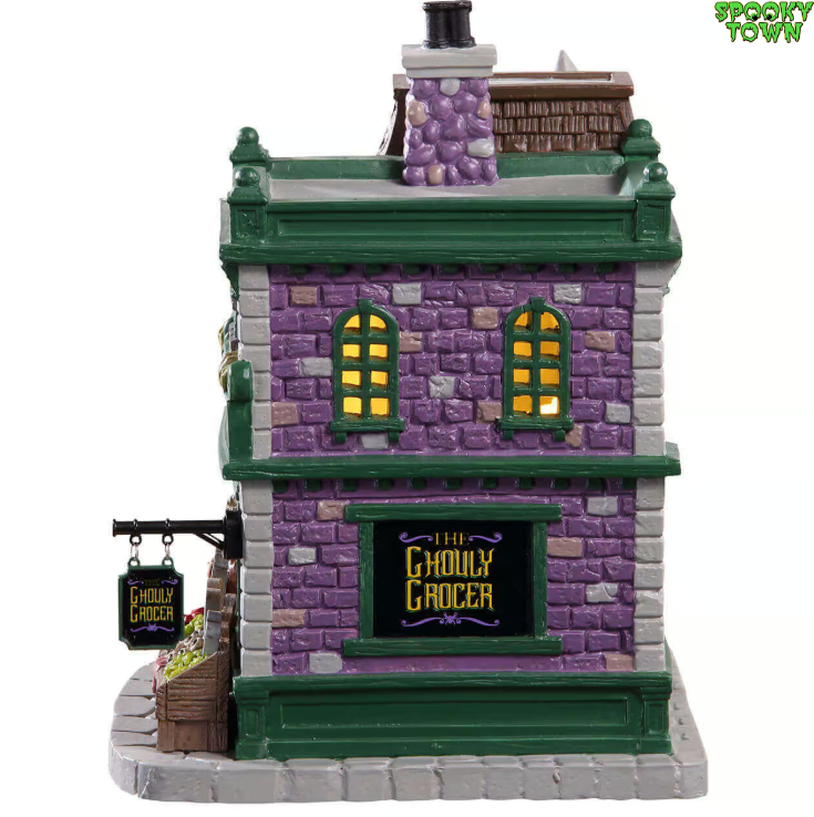 Lemax Spooky Town Ghouly Grocer figurine featuring a haunted grocery store scene with spooky details and eerie lighting